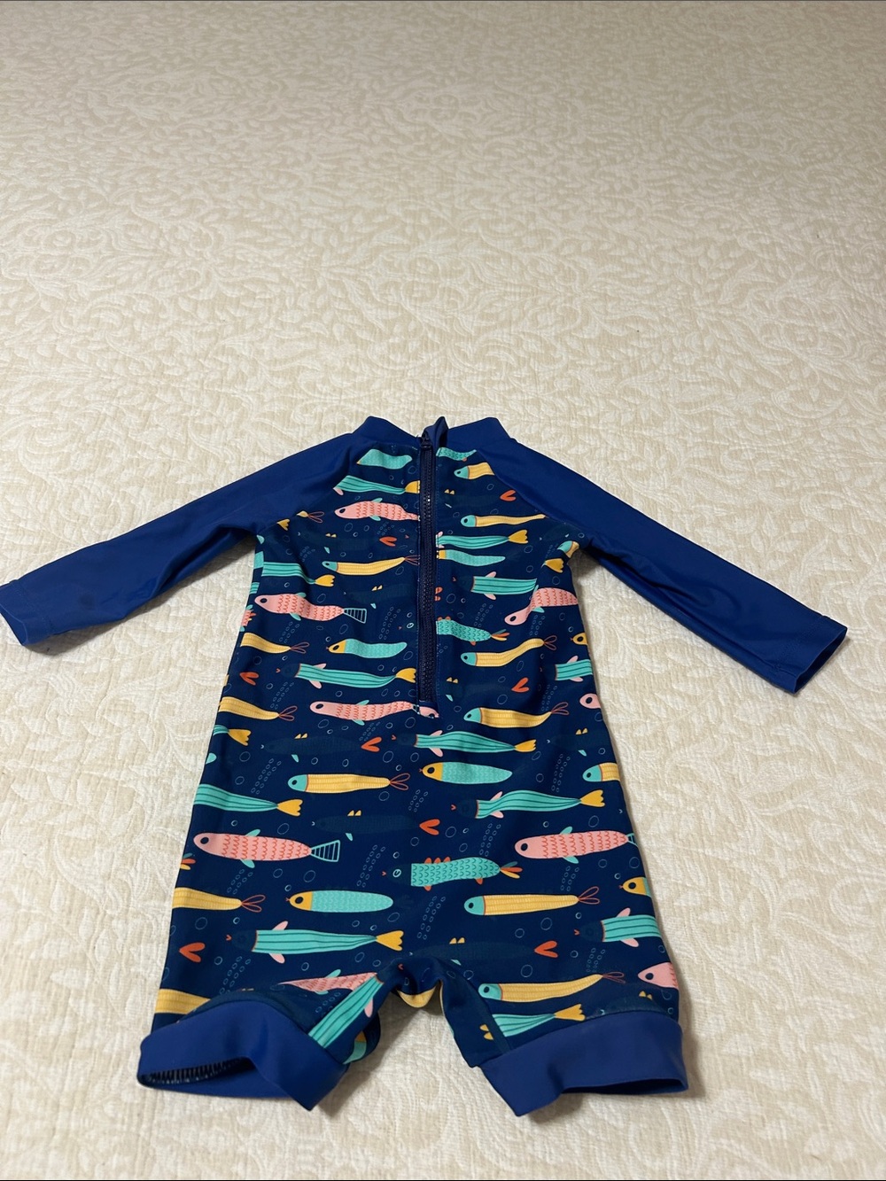 Kids Navy Fish Print Long-Sleeve Sunsuit